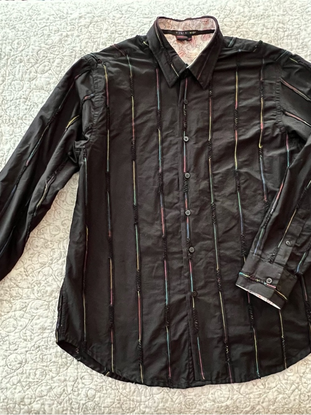 TULLIANO Black Button-Down Shirt w/Multicolor Stitching Modern Party GQ Disco
